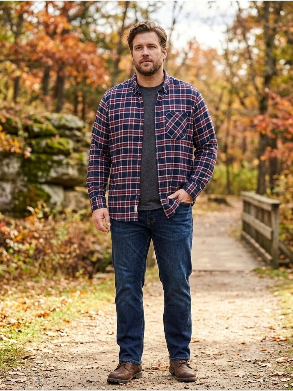 Jackson Hole Men's Large Flannel Shirt Red Navy Blue White Plaid LS Button Down
